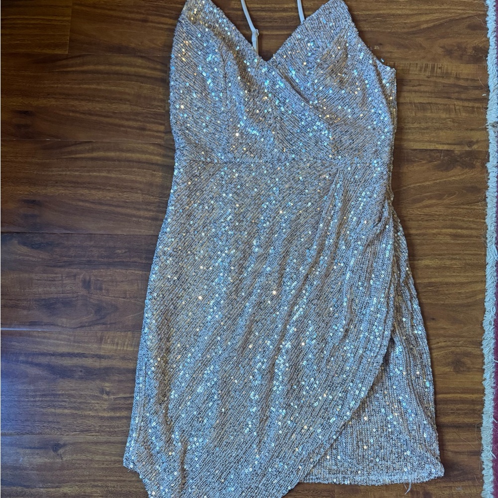 Sequin Wrap-Front Mini Dress in Champagne